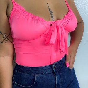 Neon pink Ruched Tie Bust Spaghetti Strap Bodysuit